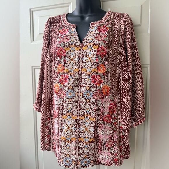 Savanna Jane Embroidered Top In Wine Rayon Size Small - Picture 3 of 10